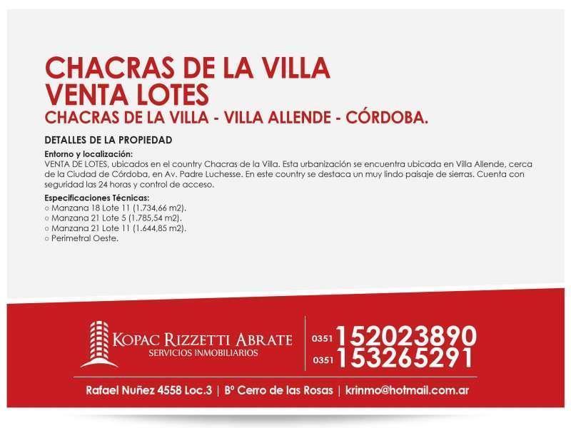 VENTA LOTES CHACRAS DE LA VILLA