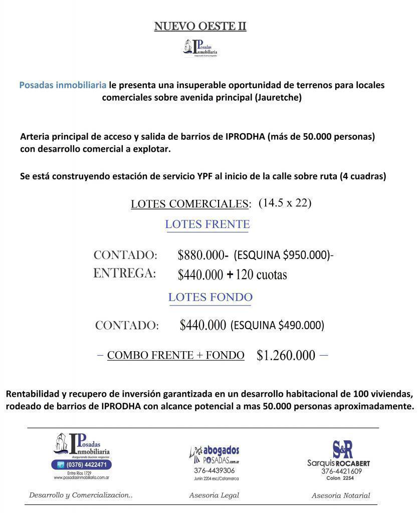 IMPERDIBLES LOTES PARA LOCALES COMERCIALES SOBRE AV. 131 !! $420.000 fondo $710.000 frente